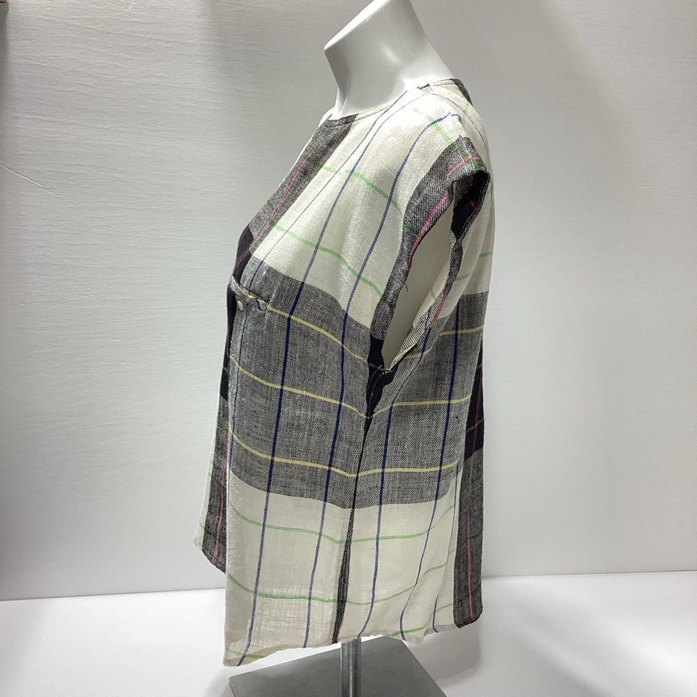 Vintage Liz Claiborne Linen Blouse Size 12 Black White Gray Plaid Grid Print - Picture 2 of 9